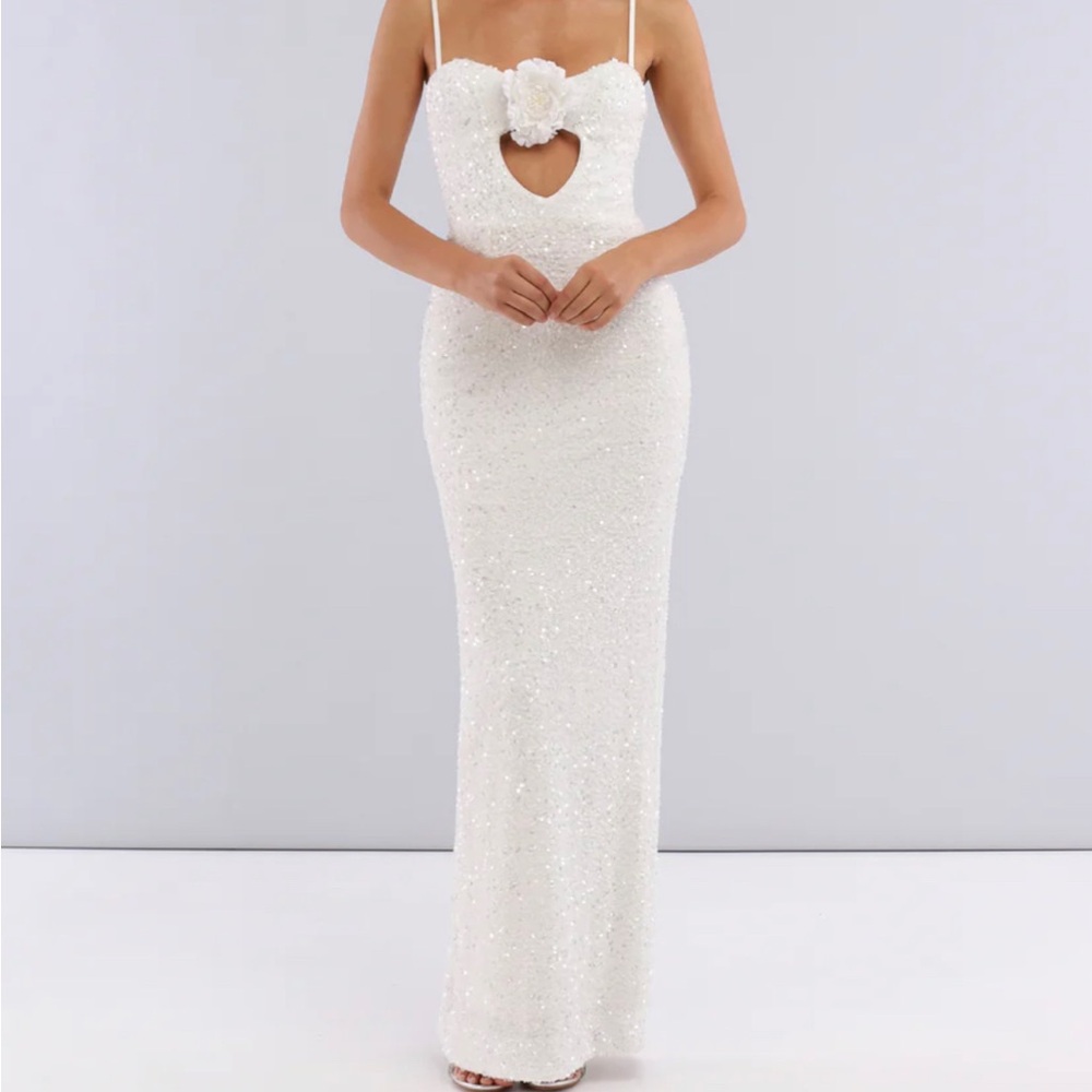 Helsi White Sequin Maxi with Cutout and Floral Accent